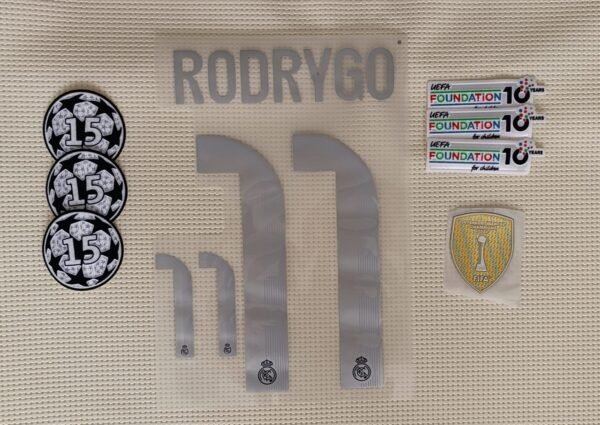 Rodrigo Kit Set Real Madrid Rodrygo visitante Kit 2025 UCL dorsal+ 3 parches ...