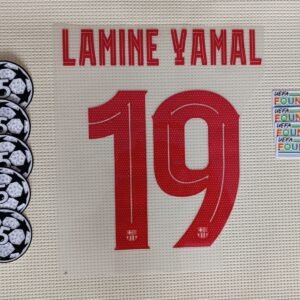 Set L. Yamal FC Barcelona visitante UCL 2024 dorsal+2 parches