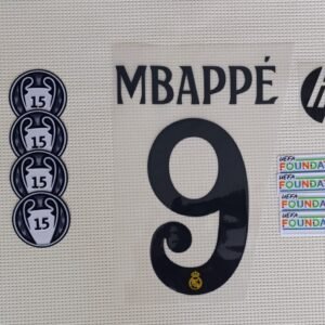 Set Real Madrid Mbappe visitante UCL 2024 dorsal+3 parches