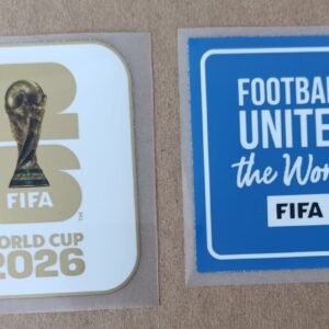 Set de parches WC 26 blanco con dorado + FOOTBALL UNITES azul
